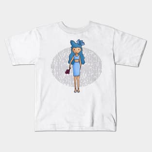 Cute blue haired girl with a blue outfit and holding a bunch of flowers in her hand Kids T-Shirt